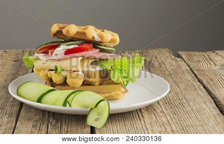 Waffles With Vegetables On A Wooden Frie Close Up, Breakfast