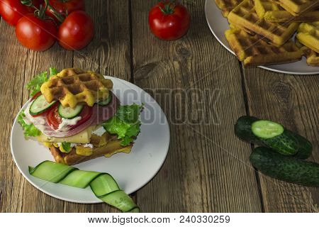 Waffles With Vegetables On A Wooden Frie Close Up, Breakfast
