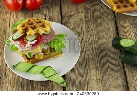 Waffles With Vegetables On A Wooden Frie Close Up, Breakfast