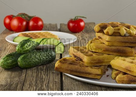 Waffles With Vegetables On A Wooden Frie Close Up, Breakfast