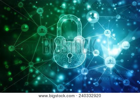 Internet Security, Closed Padlock On Digital Screen, Cyber Security Concept Background. 3d Render