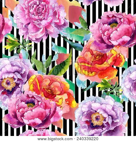 Wildflower Peony Pink Flower Pattern In A Watercolor Style. Aquarelle Wildflower For Background, Tex