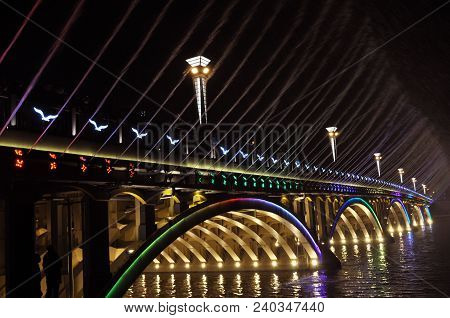 Colored lights, bridges and fountains
. Photographed in Changchun , China
