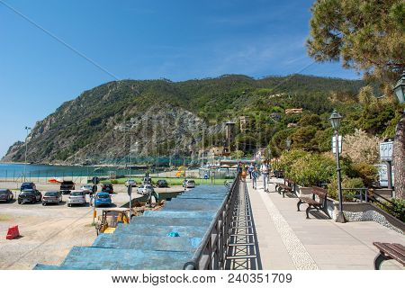 Monterosso Al Mare, Italy - April 27: Beach View Of Monterosso Bay, On April 27 2018 In Monterosso A