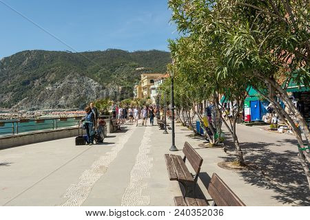 Monterosso Al Mare, Italy - April 27: Beach View Of Monterosso Bay, On April 27 2018 In Monterosso A