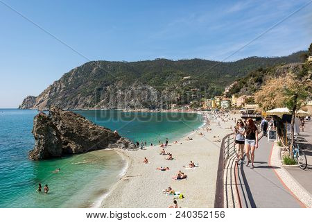 Monterosso Al Mare, Italy - April 27: Beach View Of Monterosso Bay, On April 27 2018 In Monterosso A