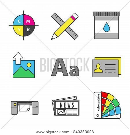 Printing Color Icons Set. Cmyk Color Model, Pencil And Ruler, Cartridge Ink, Image Uploading, Font, 