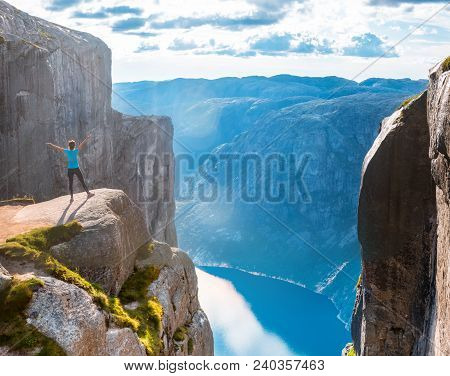 Woman On Kjeragbolten Travel In Norway Kjerag Mountains, Extreme Vacations, Adventure, Tourist, Happ