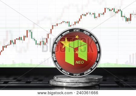 Neo Cryptocurrency; Physical Concept Neo Coin With The Flag Of China On The Background Of The Chart