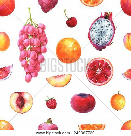 Hand Painted Seamless Exotic Fruits Pattern. Watercolor Grapes, Cherry, Apricot, Orange, Raspberry, 