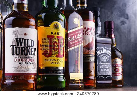 Poznan, Poland - Mar 30, 2018: Bottles Of Several Global Whiskey Brands, The Most Popular Liquor In 