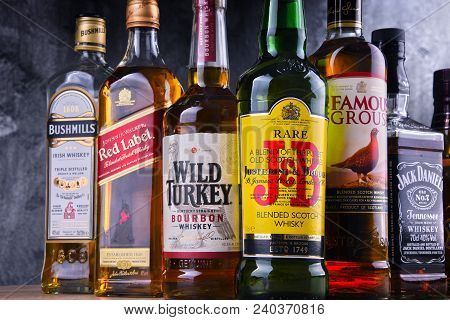 Poznan, Poland - Mar 30, 2018: Bottles Of Several Global Whiskey Brands, The Most Popular Liquor In 