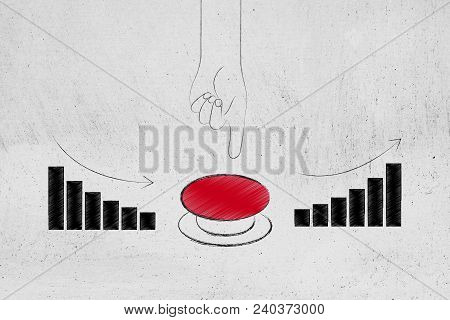 Improve Your Business: Negative Stats Next To Hand About To Push A Button To Turn Them Into Posite G