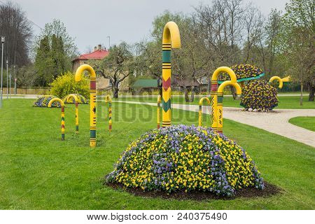 Sigulda, Latvia - May 8 .2018. A Park Of Walking Sticks And Umbrellas In Sigulda. Sigulda Is A Town 