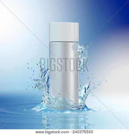 Cream bottle mock up in water splash on blue background. 3D illustration
