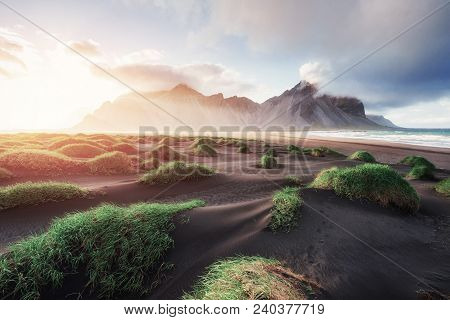 Fantastic West Of The Mountains And Volcanic Lava Sand Dunes On The Beach Stokksness, Iceland.