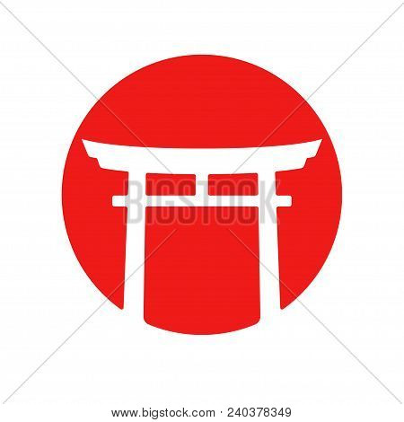 Simple And Elegant Japan Logo. Torii Silhouette (traditional Japanese Gate) In Red Circle Shape. Iso