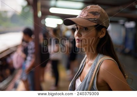 Portrait Of Young Beautiful Asian Tourist Woman Exploring The City Of Bangkok, Thailand