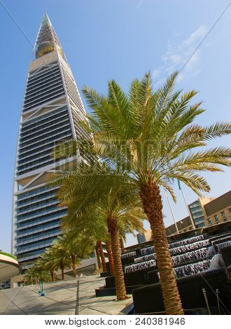 RIYADH - AUGUST 22: Sunset light at Al Faisaliah tower facade on August 22, 2016 in Riyadh, Saudi Arabia. Al Faisaliah towers is a luxury hotel and the most distinctive skyscraper in Saudi Arabia