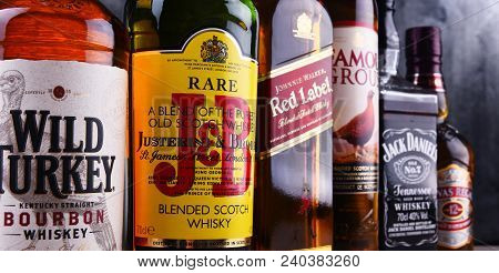 Poznan, Poland - Mar 30, 2018: Bottles Of Several Global Whiskey Brands, The Most Popular Liquor In 