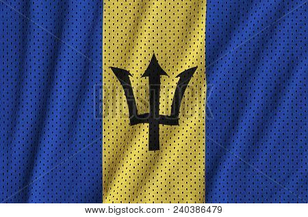 Barbados Flag Printed On A Polyester Nylon Sportswear Mesh Fabric With Some Folds
