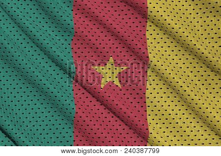 Cameroon Flag Printed On A Polyester Nylon Sportswear Mesh Fabric With Some Folds