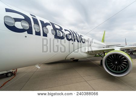 Berlin, Germany - April 25, 2018: Fragment Of The Narrow-body Jet Airliner Bombardier Cs300, By Airb