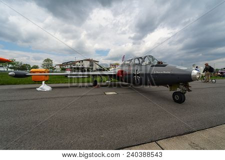 Berlin, Germany - April 25, 2018: Jet Trainer Fouga Cm.170 Magister On The Airfield. Exhibition Ila 
