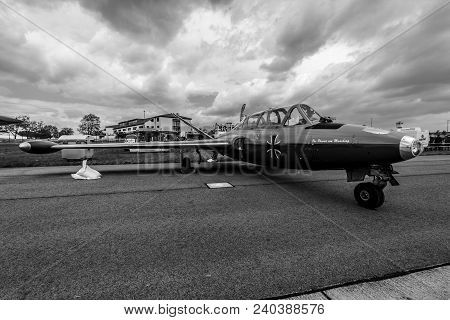 Berlin, Germany - April 25, 2018: Jet Trainer Fouga Cm.170 Magister On The Airfield. Black And White