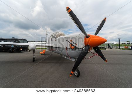 Berlin, Germany - April 25, 2018: High-altitude And Reconnaissance Aircraft Grob G520t. Exhibition I