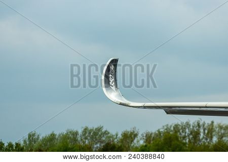 Berlin, Germany - April 25, 2018: Fragment Of Wing (wingtip Device) Of Wide-body Jet Airliner Airbus