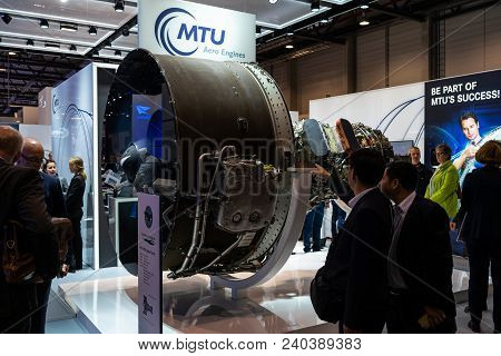 Berlin, Germany - April 25, 2018: The Stand Of Mtu Aero Engines And High-bypass Geared Turbofan Engi