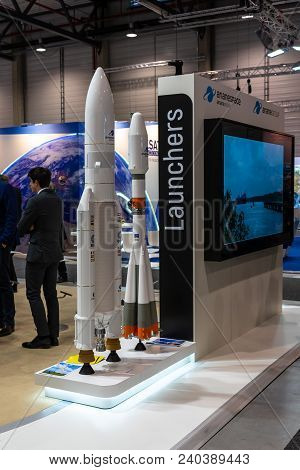 Berlin, Germany - April 25, 2018: The Stand Of The First Commercial Launch Service Provider Arianesp