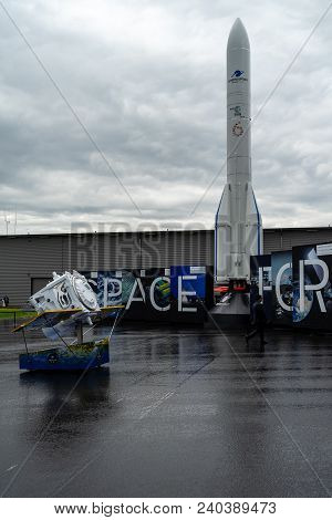 Berlin, Germany - April 25, 2018: Model Of The Ariane 6 Space Rocket By Arianespace In Front Of The 