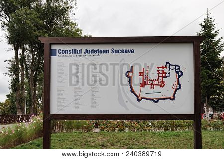 Suceava, Romania - September 6, 2017: Map For Tourists In Romanian Is Located Next To The Entrance T