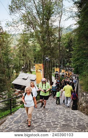 Bran, Romania - September 7, 2017: Tourists Visit The Bran Or Dracula Castle In Transylvania, Romani