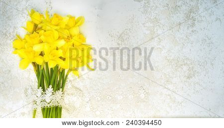 Narcissus Bouguet With Lace Laying On The Grey Cement Background, Top View With Copy Space