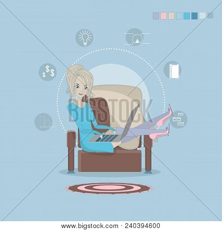 Young Adult Woman Working At Home Vector Concept Illustration. Freelancer Female Character Working F