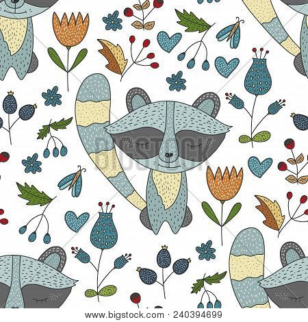 Seamless Vector Forest Pattern With Cute Color Illustrations - Sleeping Raccoons.