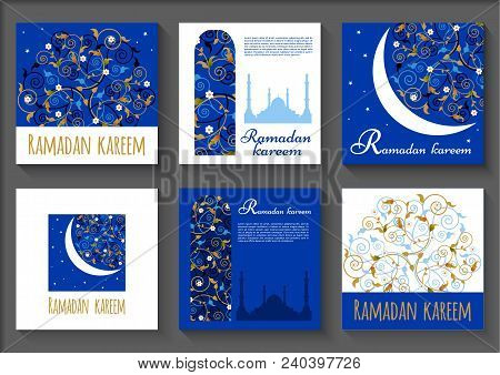 Islamic Holy Holiday Ramadan.  White, Blue, Gold Ramadan Kareem
