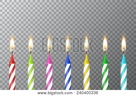Vector Background With 3d Realistic Different Birthday Party Colofful Wax Paraffin Burning Cake Cand
