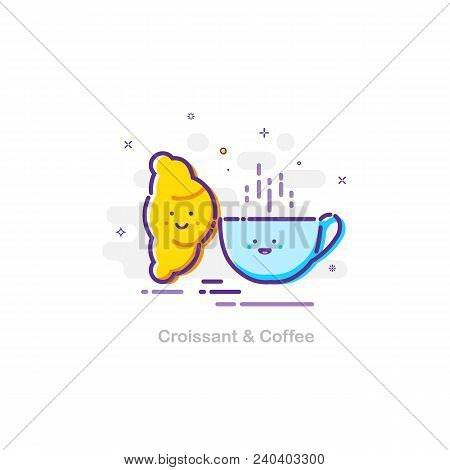 Croissant And Coffee Concept In Mbe Design Style. Vector Flat Illustration