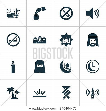 Religion Icons Set With Clock, Muslim, Adhaan And Other Meal Eaten Elements. Isolated Vector Illustr