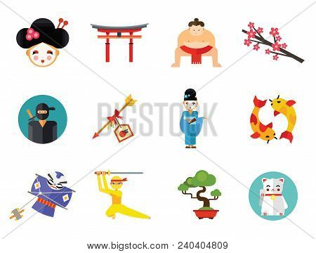 Japan Icon Set. Japanese Kite Japanese Cranes Torii Gate Bonsai Tree Koi Fish Japanese Ninja Sumo Wr