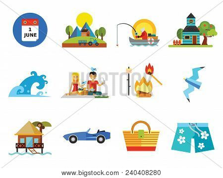 Summer Icon Set. First June Calendar Page Summer Tree Fishing Summer Cottage Hawaiian Shorts Summer 