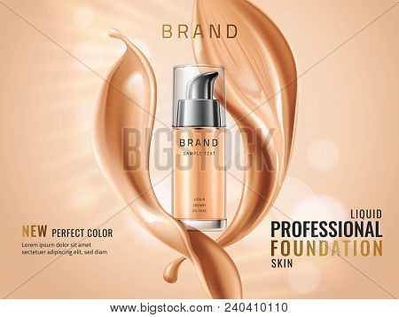 Luxury Liquid Foundation Ads. Glass Transparent Bottle With Liquid Creamy Texture Isolated On Glitte