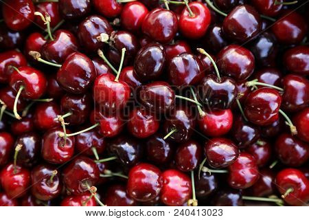 Ripe Cherries Background. Horizontal. Close-up Top View