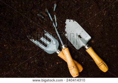 Gardening Tools In The Fertile Soil Top View