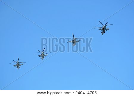 Moscow, Russia - May 9, 2018: Group Of Russian Military Helicopters Ka-52 Alligator (hokum B) In Cle