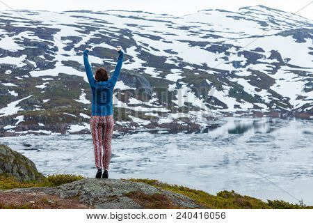 Travel, Freedom. Happy Free Tourist Woman With Arms Raised Outstretched Up Looking At Landscape, Mou